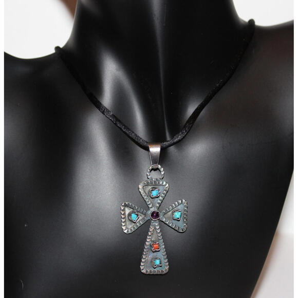 Jewelry - Vintage 925 CII Mexico Sterling Silver Turquoise Coral Amethyst Cross Pendant